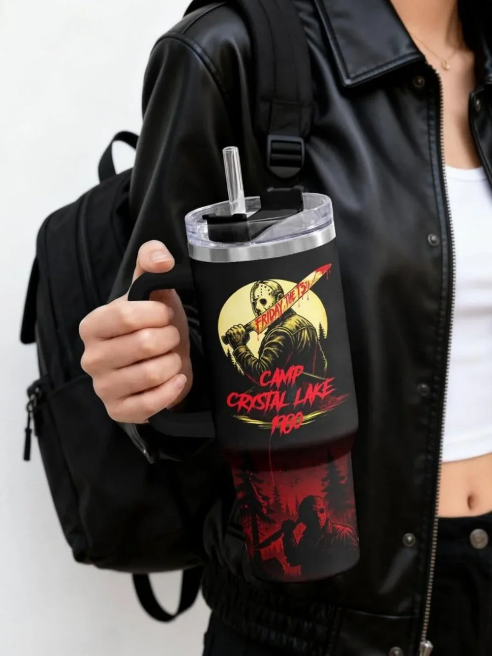 Retro Horror 40 oz Tumbler with Handle - Scary Halloween Drinkware Gift